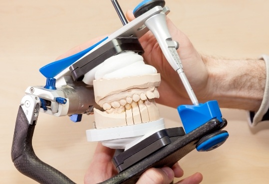 Dentist holding model of the jaws inside of adjustment device