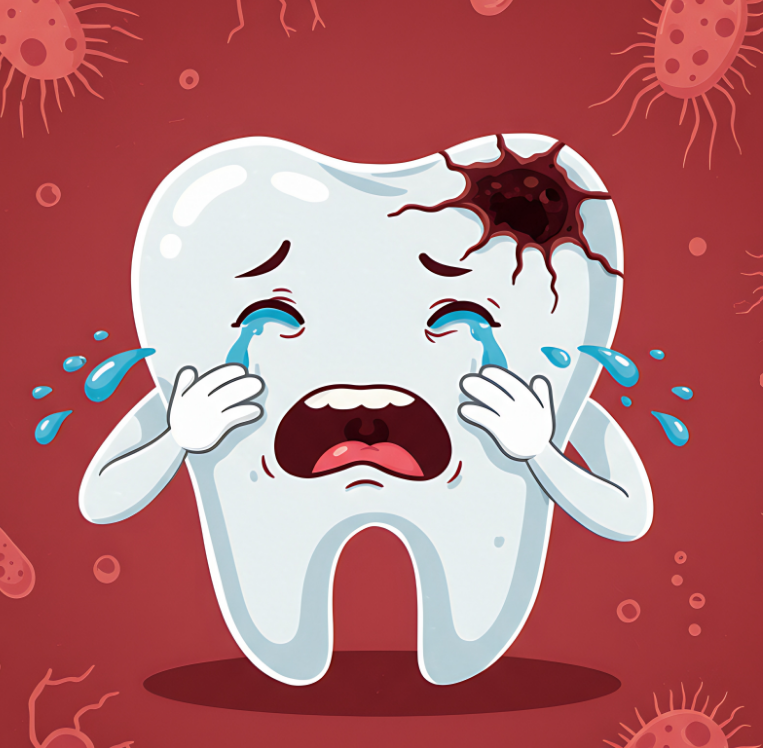 Cartoon of a tooth with a cavity